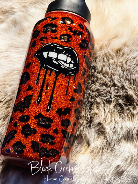Vampire Leopard Print Glitter Tumbler, Bat Cheetah Print Travel Mug, Animal Print Water Bottle, Halloween Gift, Orange Gothic Traveler Mug
