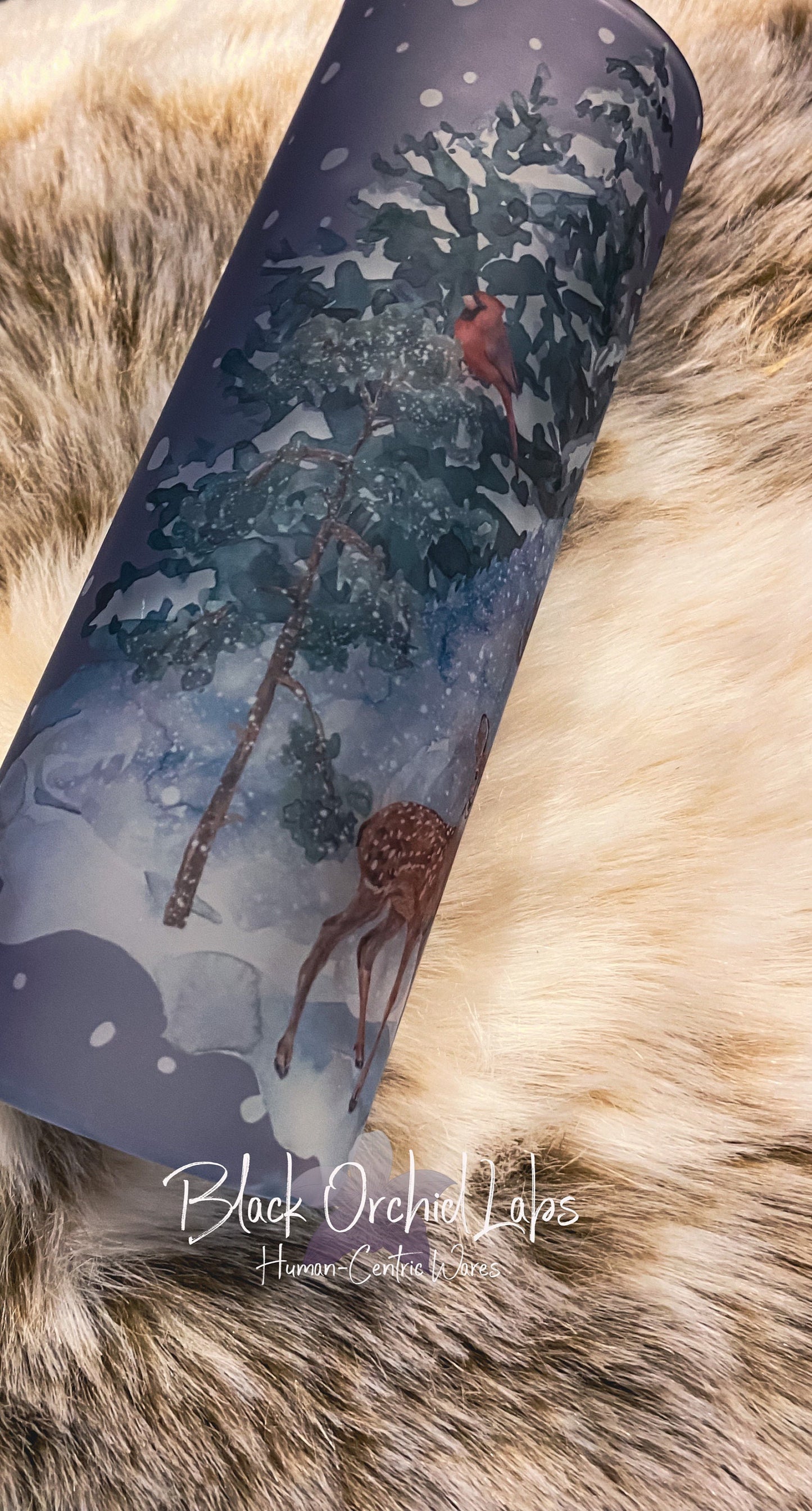 Winter forest scene glass Printed Tumbler, deer scene Travel Mug, Holiday festive Print Tumbler water bottle, gift exchange