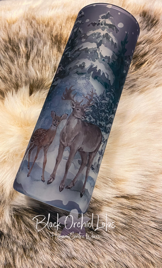 Winter forest scene glass Printed Tumbler, deer scene Travel Mug, Holiday festive Print Tumbler water bottle, gift exchange