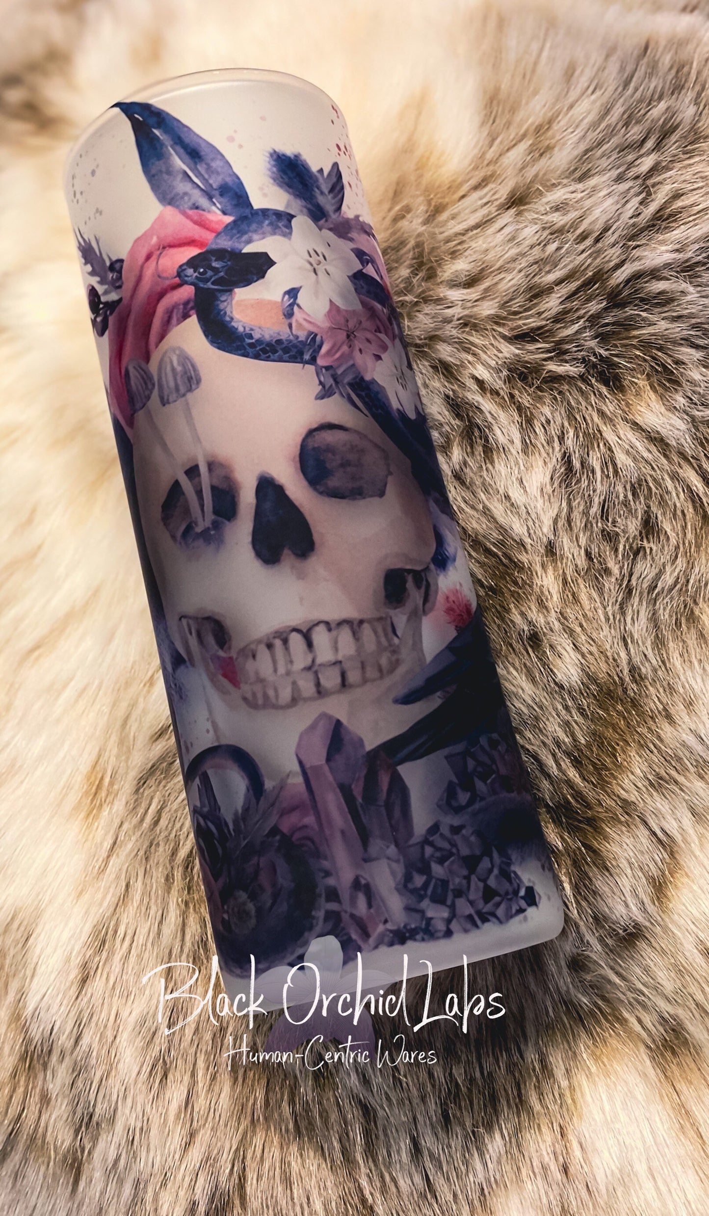 Cottagecore Skull floral glass Tumbler, Glass travel mug, stainless , raven, snake goth, goth girl, dark beauty, goth gift, goth tumbler