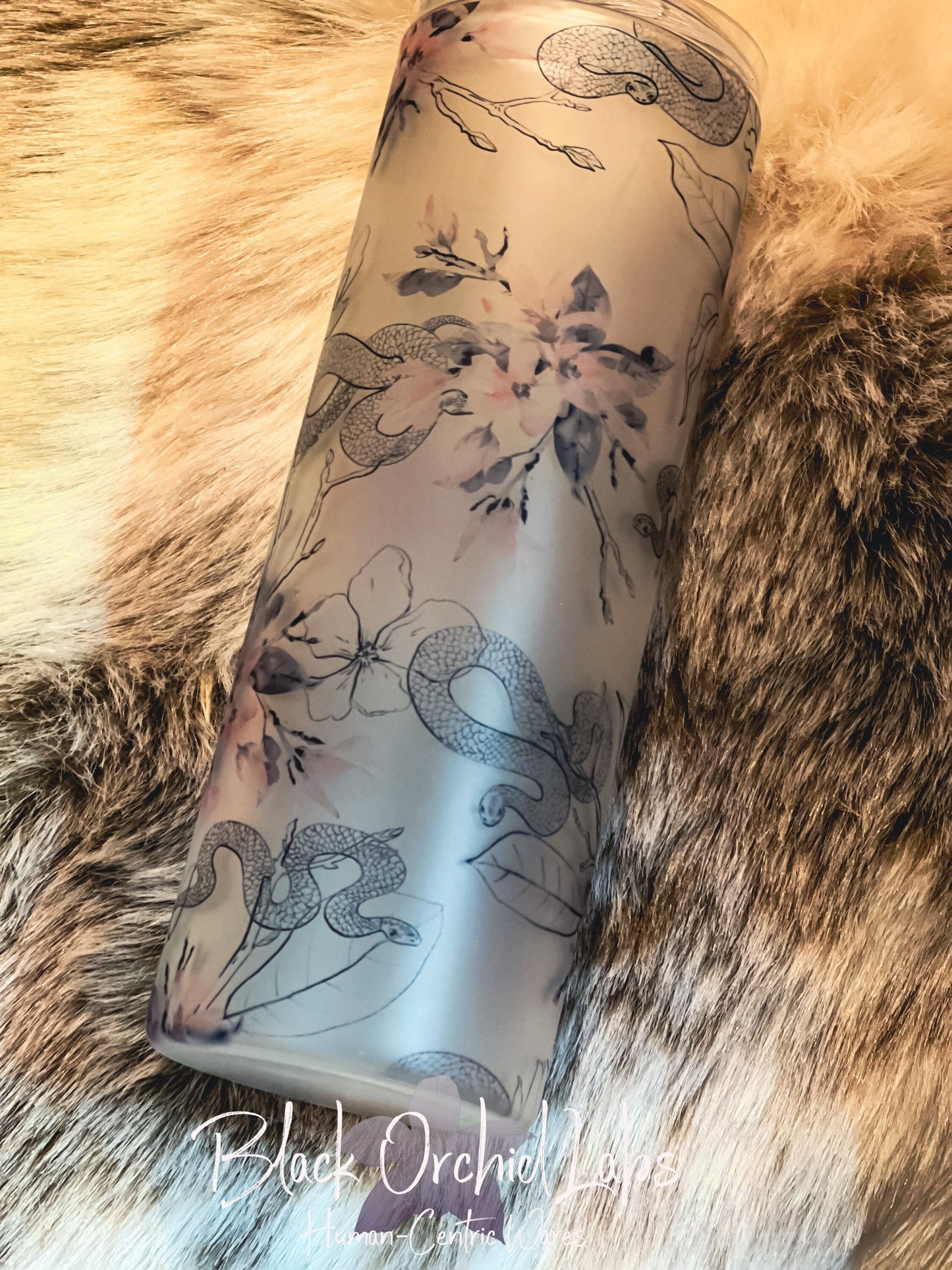 Cottagecore Snake floral glass Tumbler, Glass travel mug, stainless , Skeleton snake goth gift, dark beauty, goth gift, goth tumbler