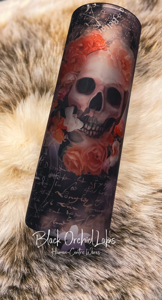 Spell Book Goth Tumbler, Dark Academia travel mug, Skeleton glass tumbler, Floral, Skull, Goth Gift, gift for her, minimalist