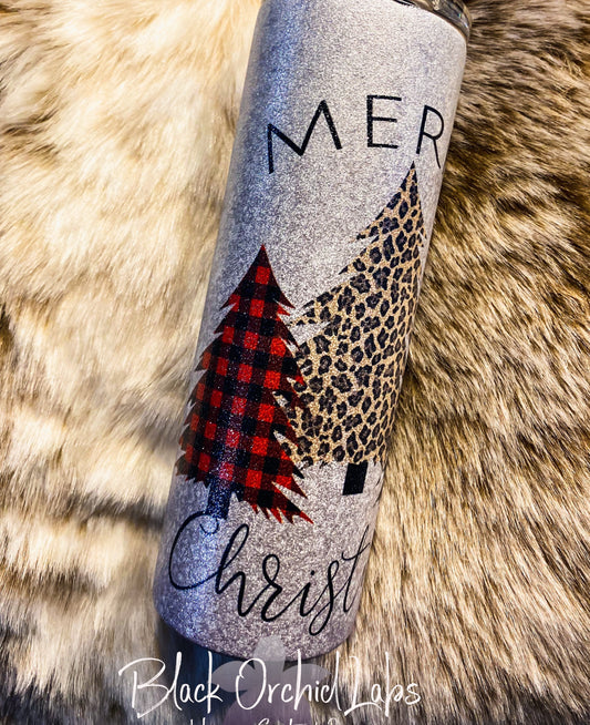 Cheetah Print, Plaid Christmas Glitter Tumbler, Holiday travel mug, leopard print Christmas tumbler, minimalist