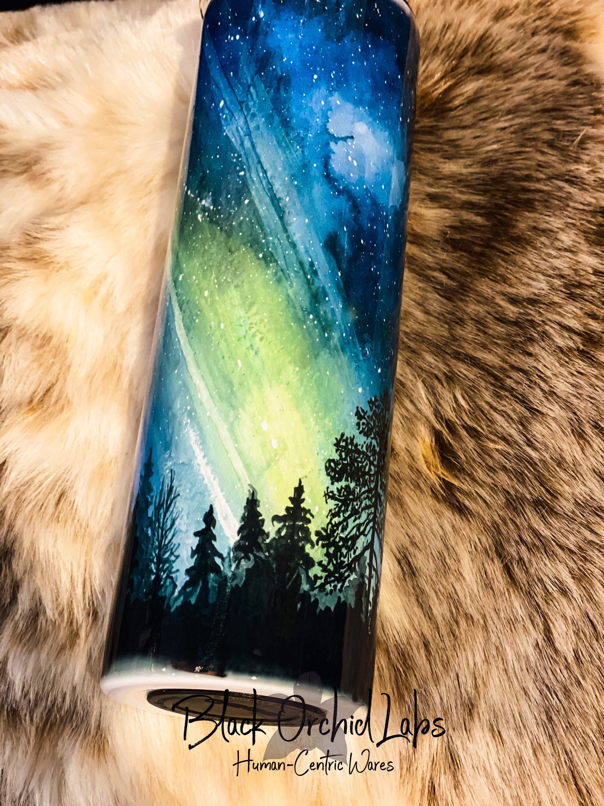 Northern Lights Tumbler, Night Forest Travel Mug, Night Sky Print Tumbler, Starry Night, celestial, minimalist, Nature, Camping