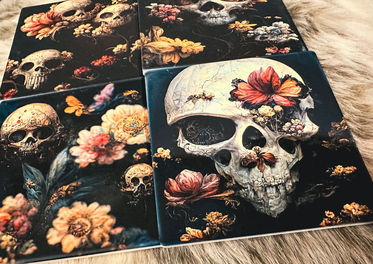 Dark Academia Skull Set of 4 Sandstone Coasters, Floral Skull Goth Coasters, Furniture and decor, goth home decor, gift for her