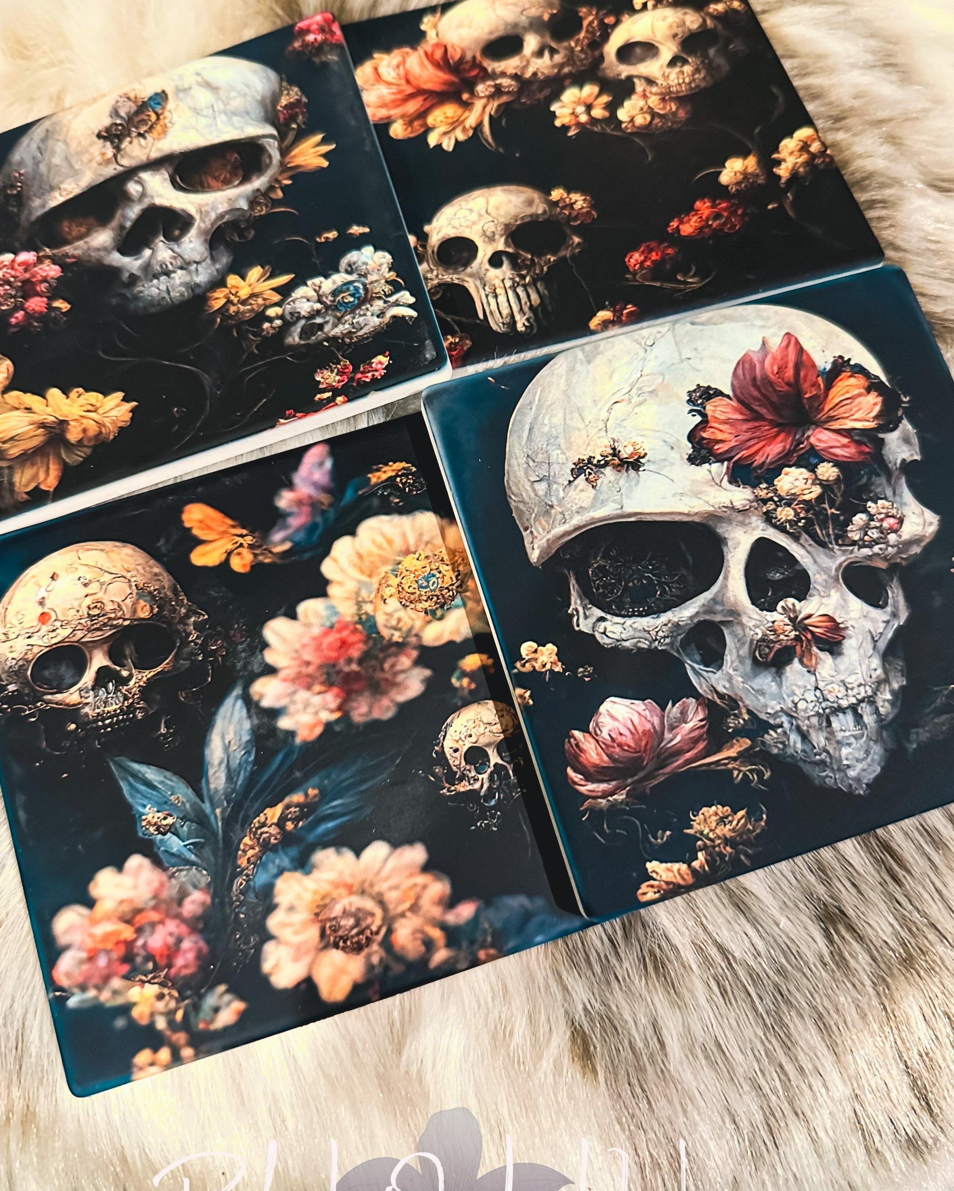 Dark Academia Skull Set of 4 Sandstone Coasters, Floral Skull Goth Coasters, Furniture and decor, goth home decor, gift for her