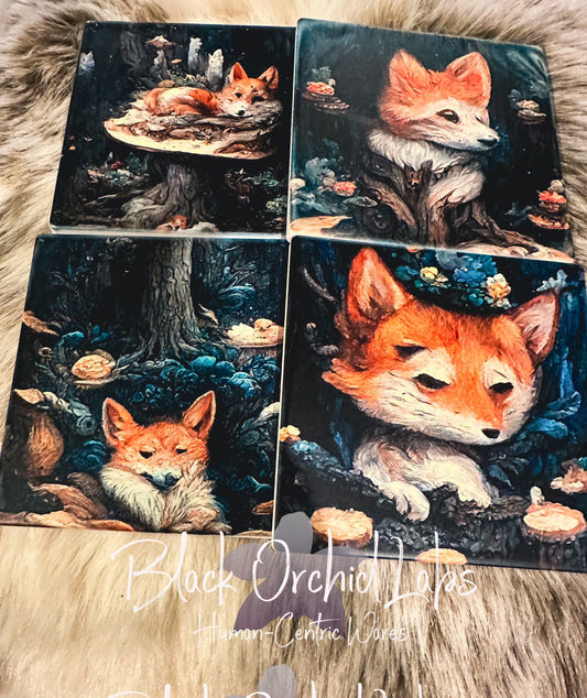 Cottagecore Fox Set of 4 Sandstone Coasters, Furniture and Decor, Housewarming Gift, cute forest animals