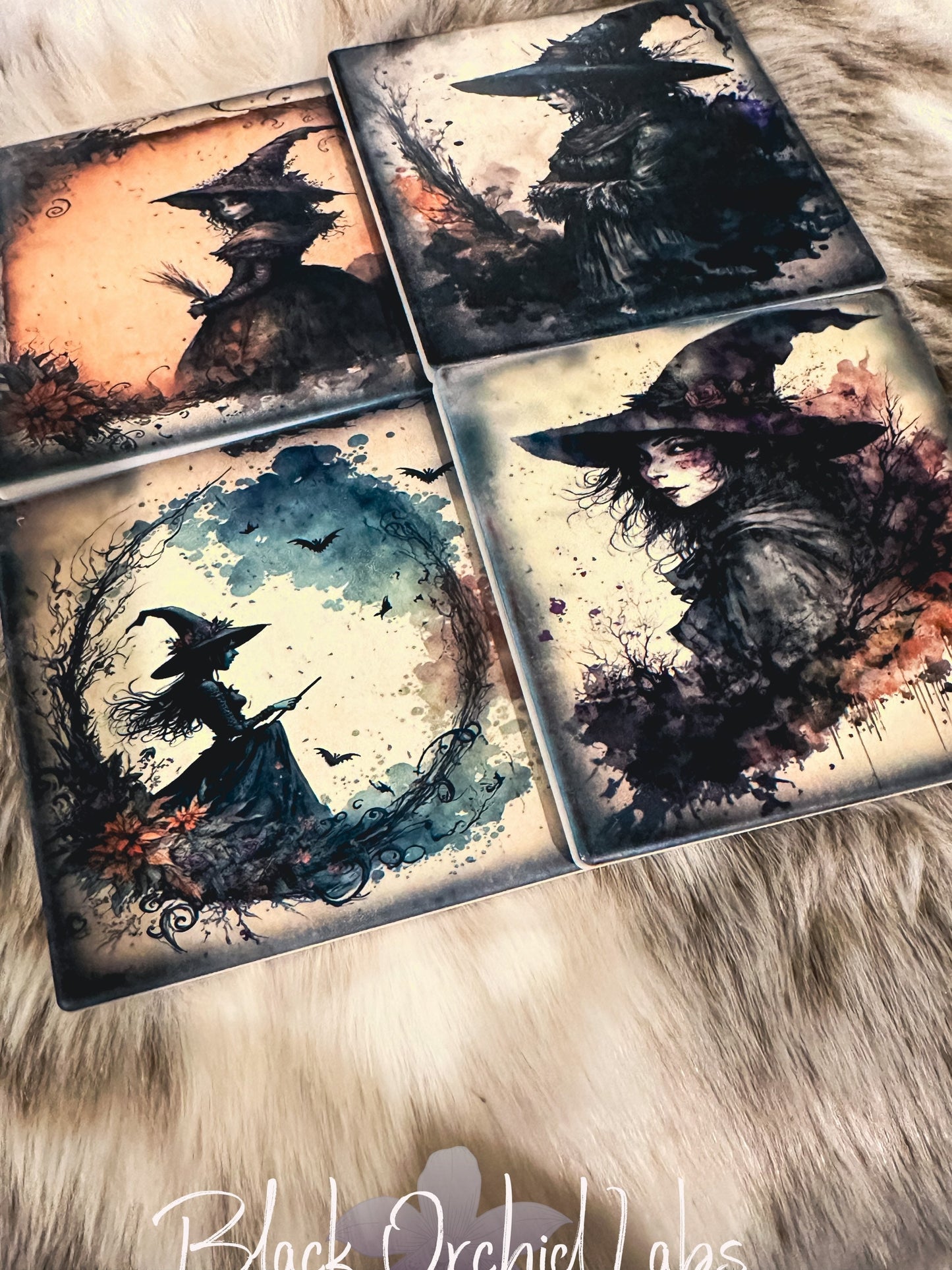 Witchy Set of 4 Sandstone gothic witch Coasters, Goth Coasters, Dark Academia, witch, wizard, magic, furniture and decor