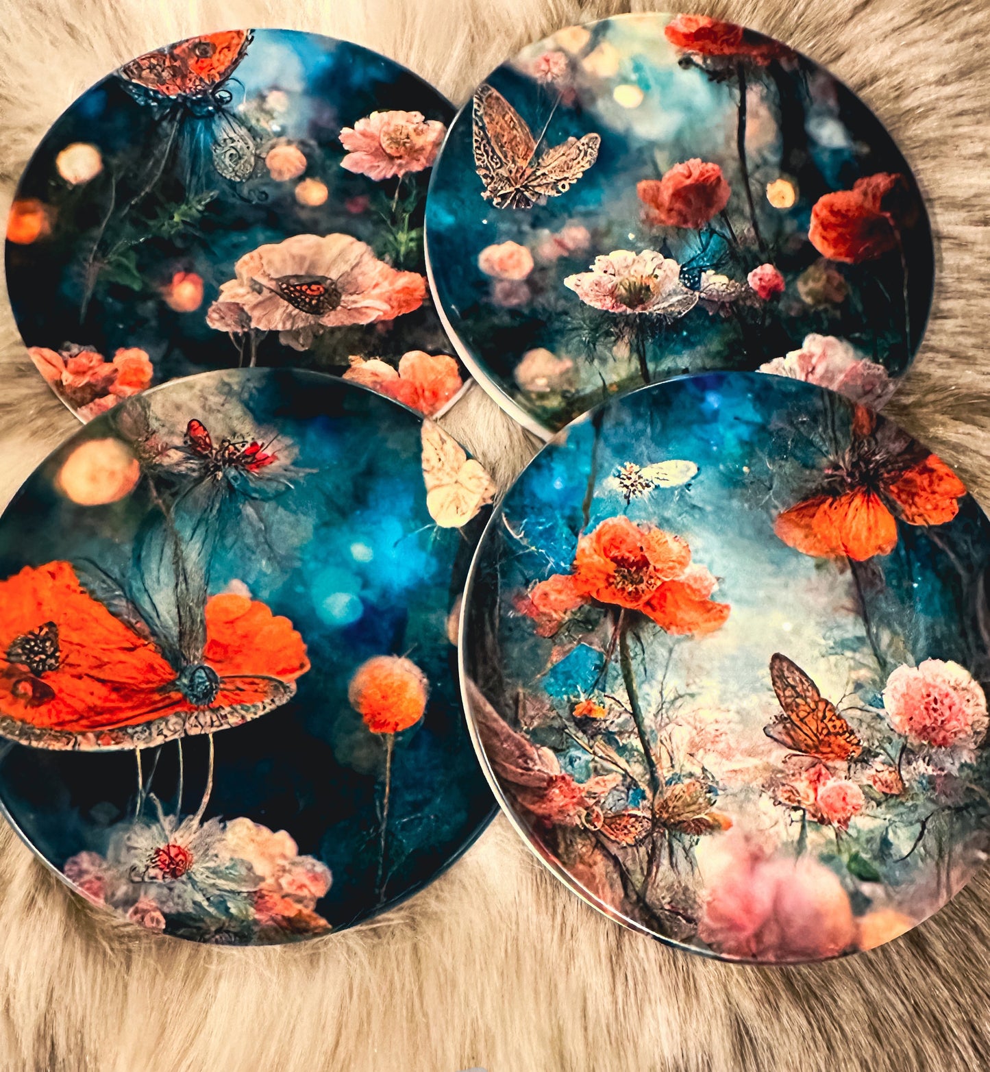 Night Poppy Field Set of 4 Sandstone Coasters, furniture and decor, cottagecore decor, home gift, gift for her