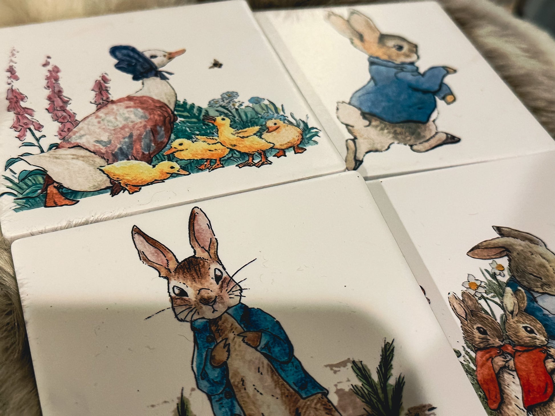 Beatrix Potter, Peter rabbit Sandstone coasters set of 4, furniture and decor, gift for book lover, bookish gift