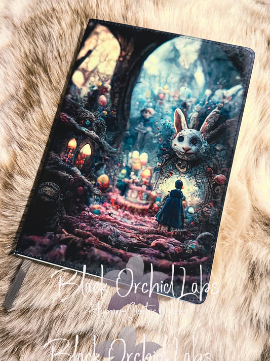 Alice in Wonderland Gift Notebook, Dark Academia Vegan Leather Journal, 8”x6”, journal, goth, alice in wonderland, gift for her