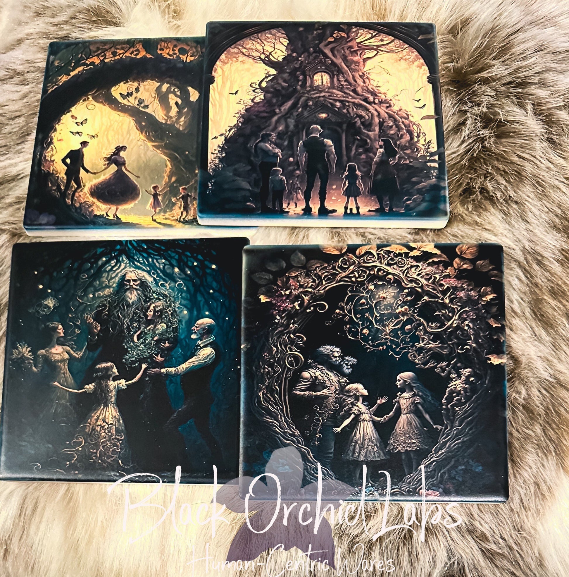 Goth Fairy Set of 4 Sandstone Coasters, Dark Academia Goth Coasters, furniture and decor, fantasy, fairy, pixy, gift for her