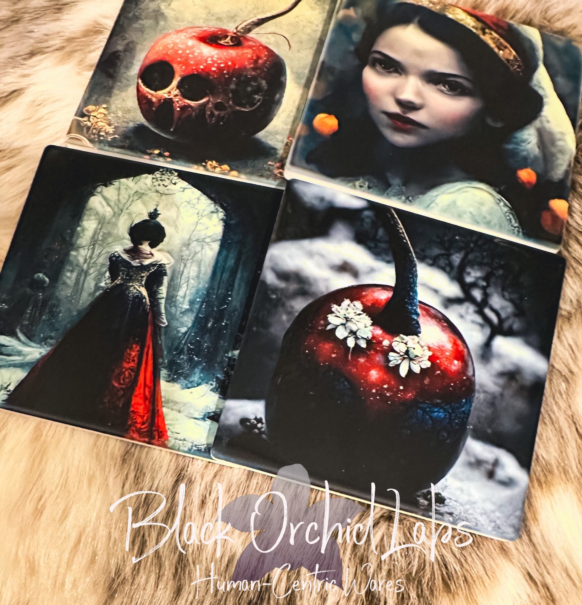 Snow White Dark Academia Set of 4 Sandstone Coasters, furniture and decor, goth gift, fairytale gift, gift for her