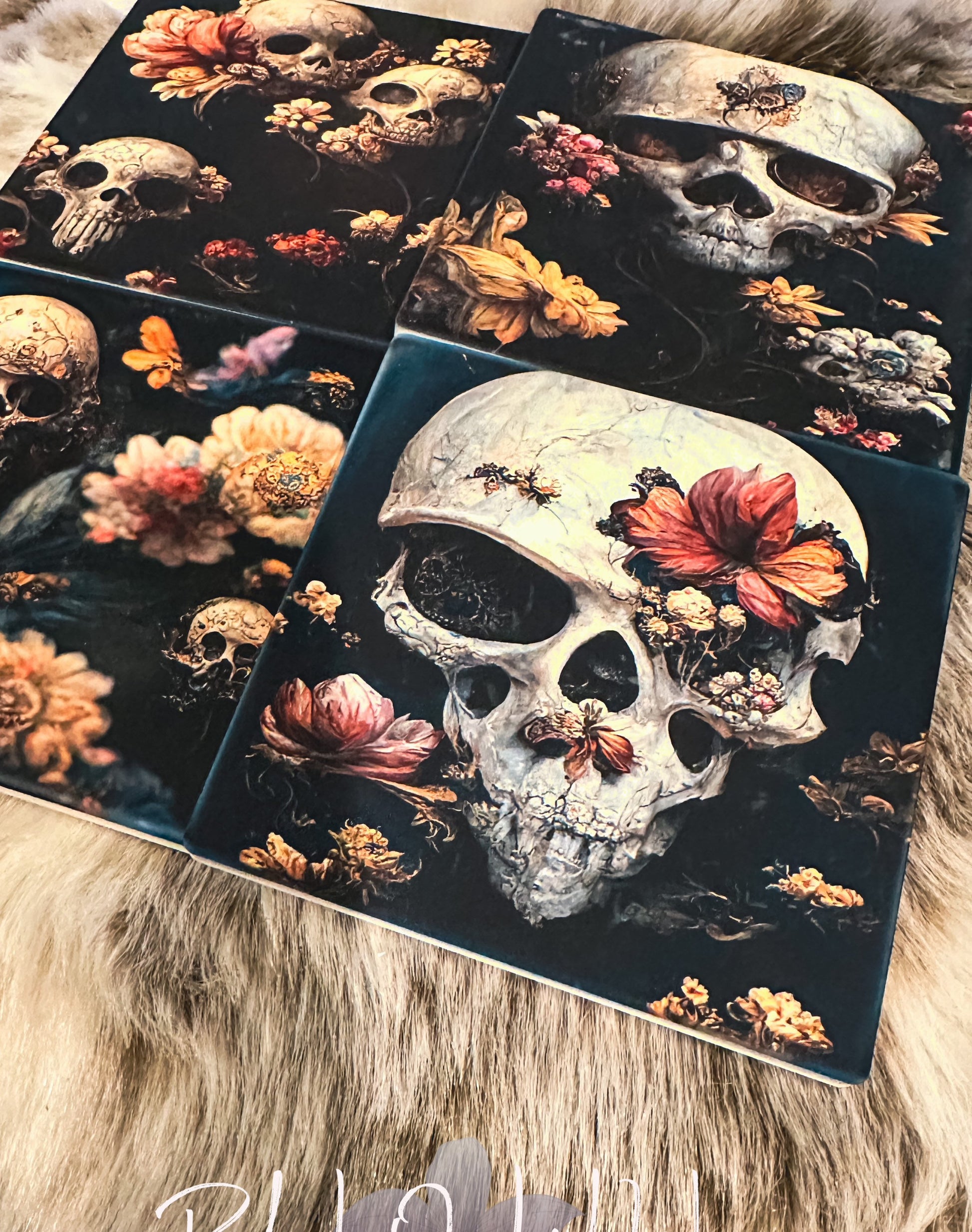 Dark Academia Skull Set of 4 Sandstone Coasters, Floral Skull Goth Coasters, Furniture and decor, goth home decor, gift for her