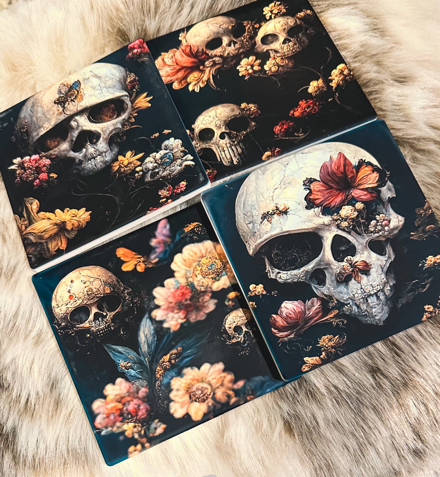 Dark Academia Skull Set of 4 Sandstone Coasters, Floral Skull Goth Coasters, Furniture and decor, goth home decor, gift for her