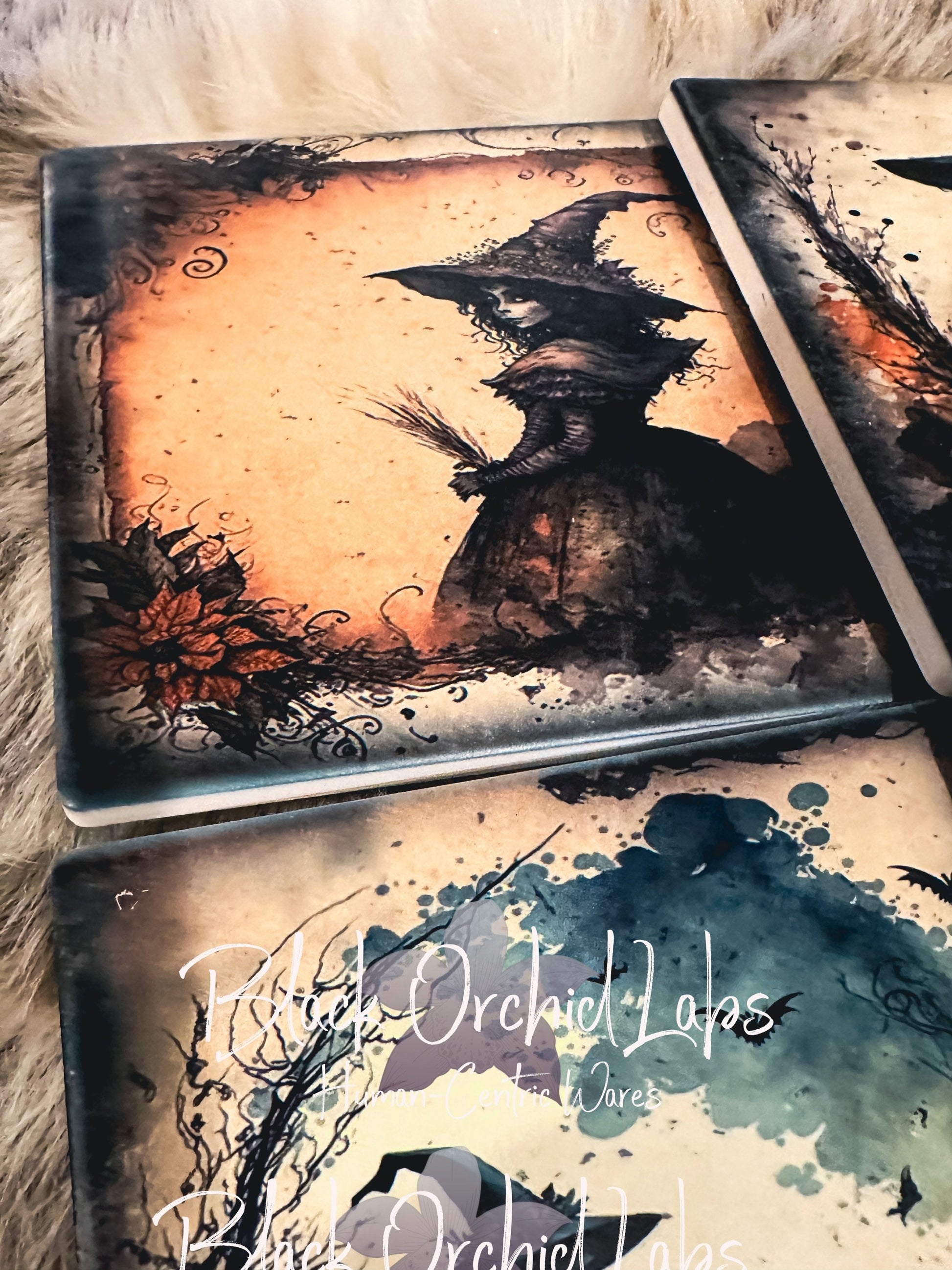 Witchy Set of 4 Sandstone gothic witch Coasters, Goth Coasters, Dark Academia, witch, wizard, magic, furniture and decor