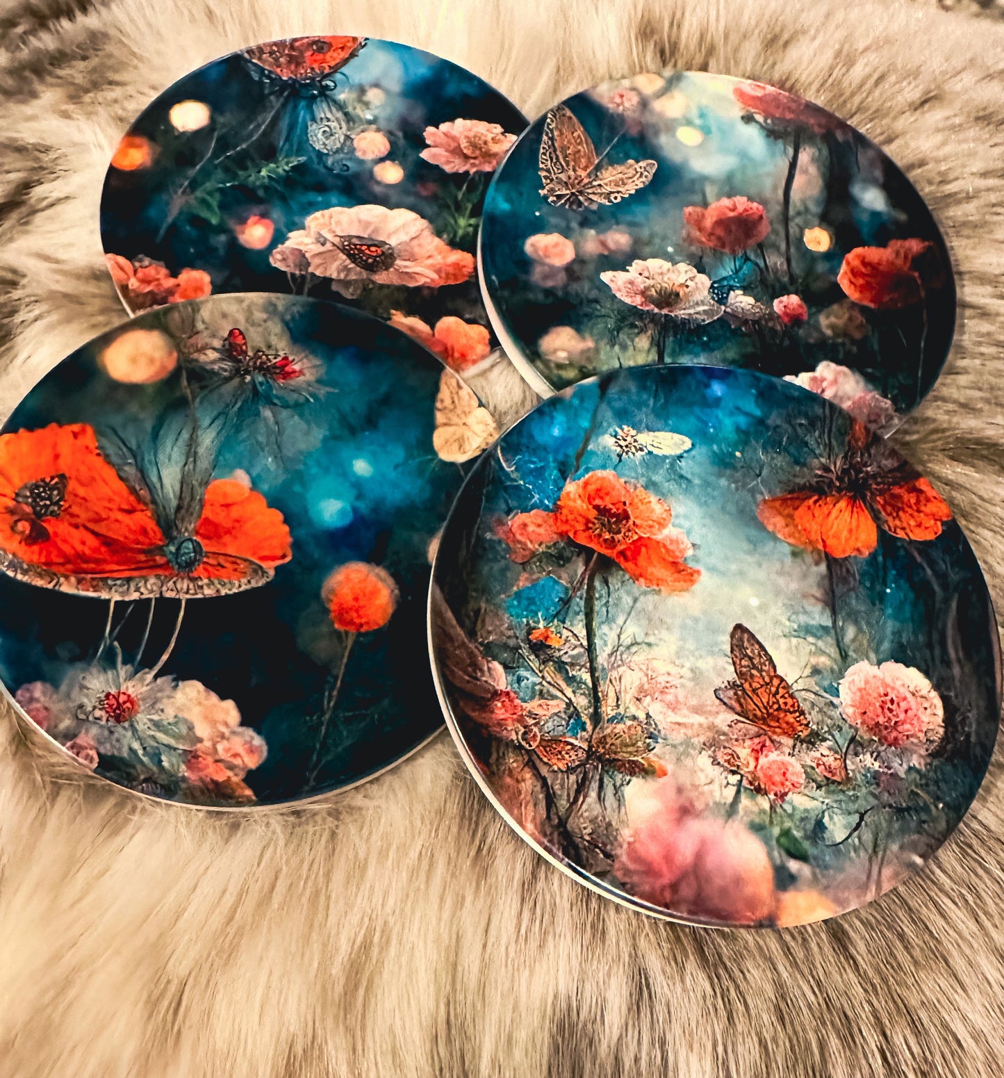 Night Poppy Field Set of 4 Sandstone Coasters, furniture and decor, cottagecore decor, home gift, gift for her