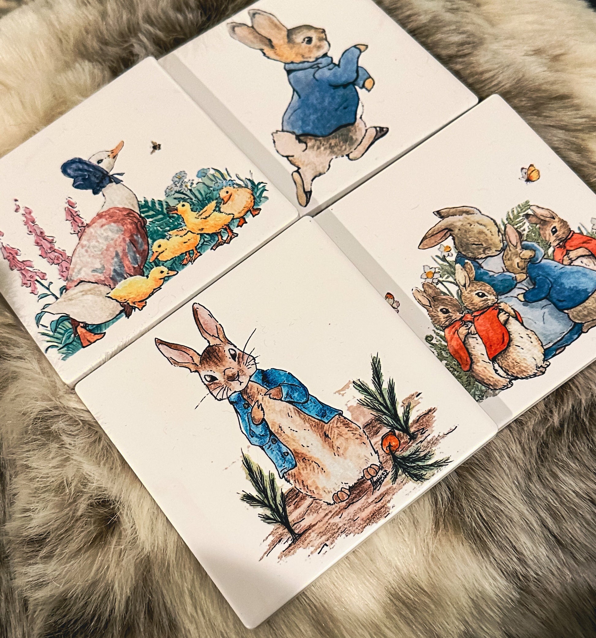 Beatrix Potter, Peter rabbit Sandstone coasters set of 4, furniture and decor, gift for book lover, bookish gift