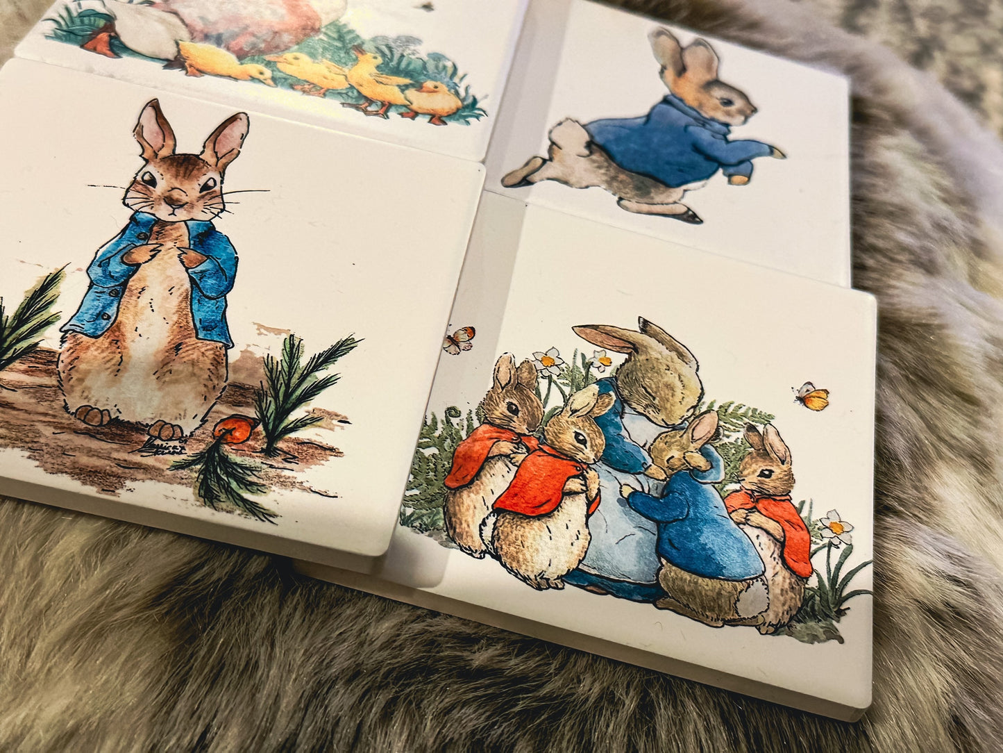 Beatrix Potter, Peter rabbit Sandstone coasters set of 4, furniture and decor, gift for book lover, bookish gift