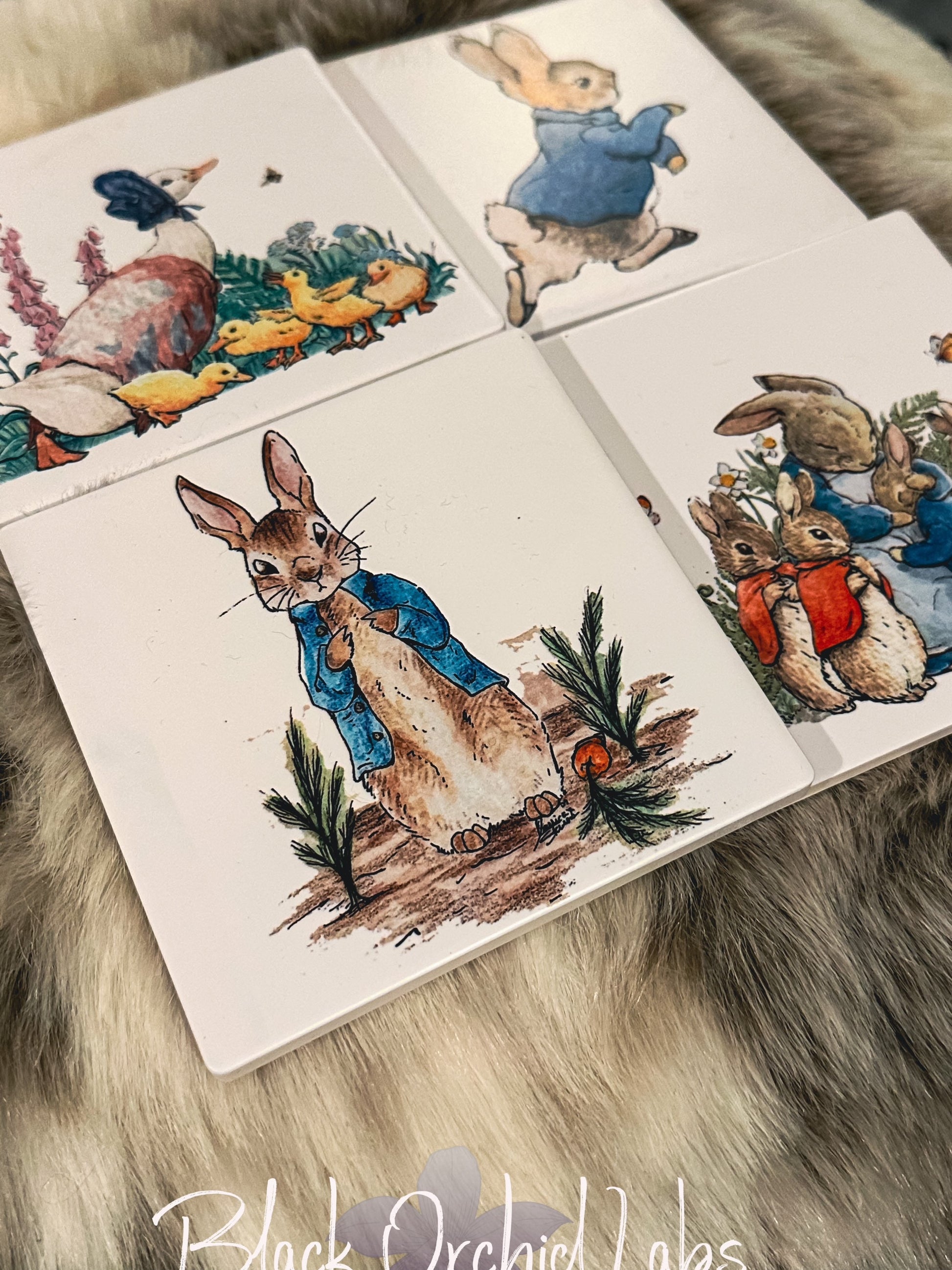 Beatrix Potter, Peter rabbit Sandstone coasters set of 4, furniture and decor, gift for book lover, bookish gift