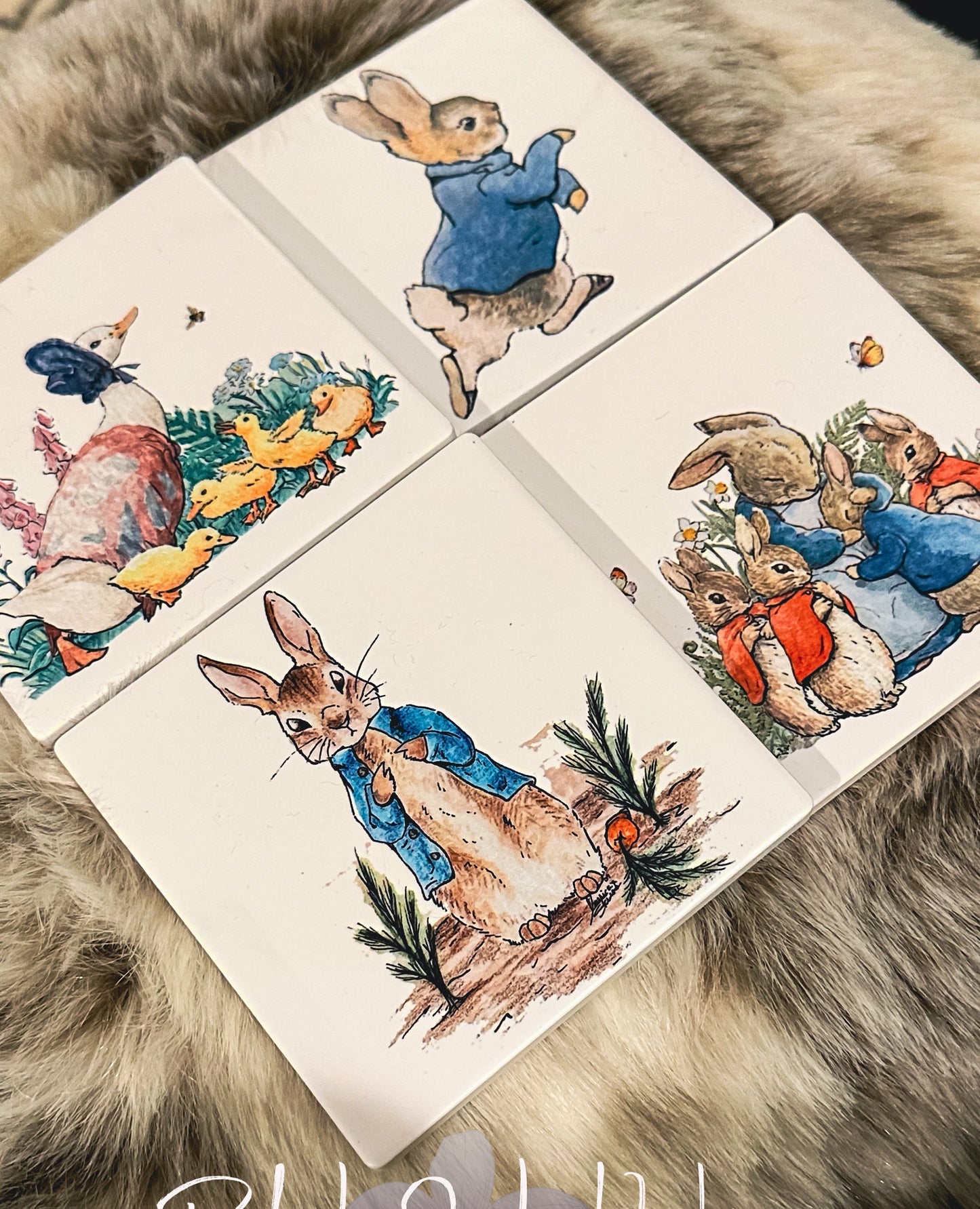 Beatrix Potter, Peter rabbit Sandstone coasters set of 4, furniture and decor, gift for book lover, bookish gift