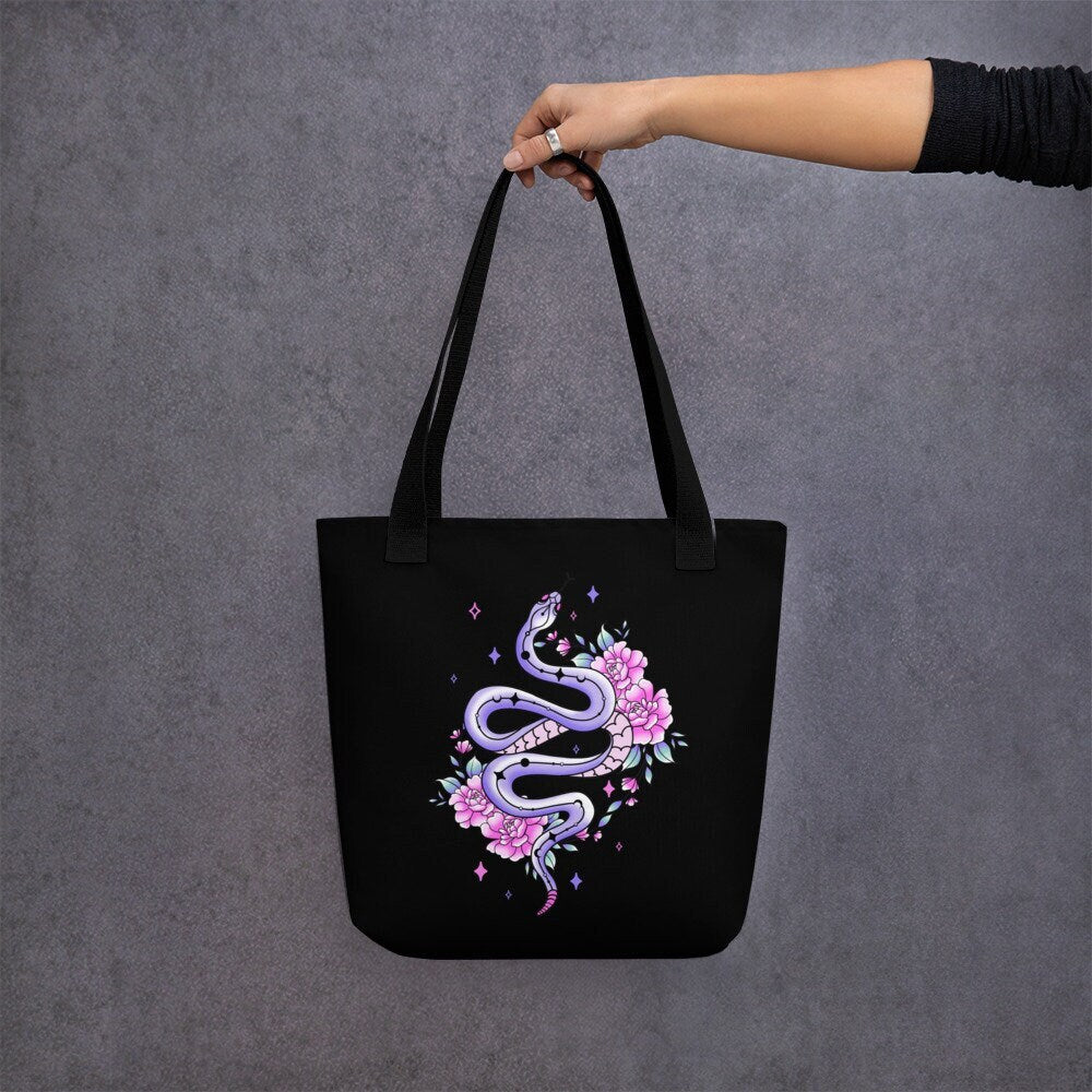 Pastel Goth Snake Tote Bag, Floral Snake Cottagecore Shopping Bag