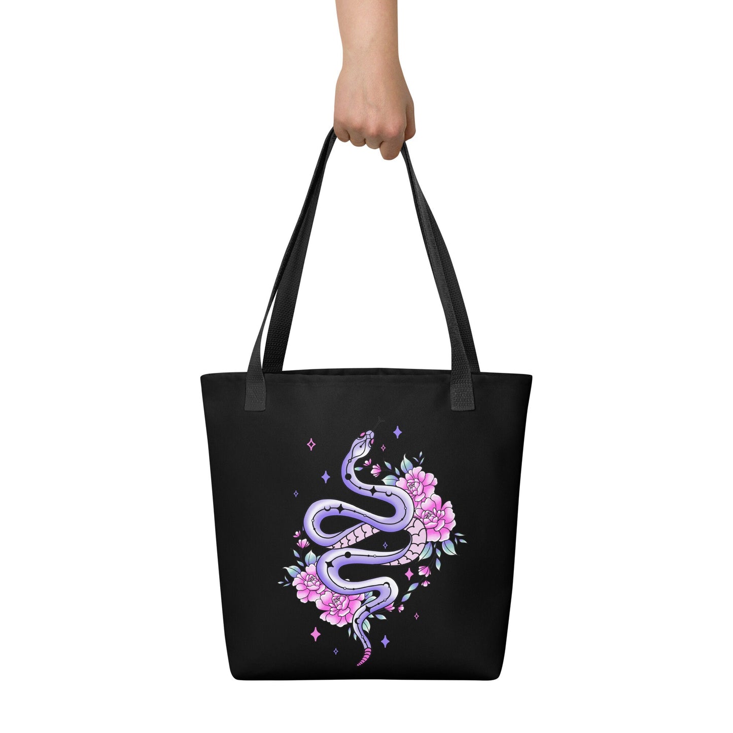 Pastel Goth Snake Tote Bag, Floral Snake Cottagecore Shopping Bag