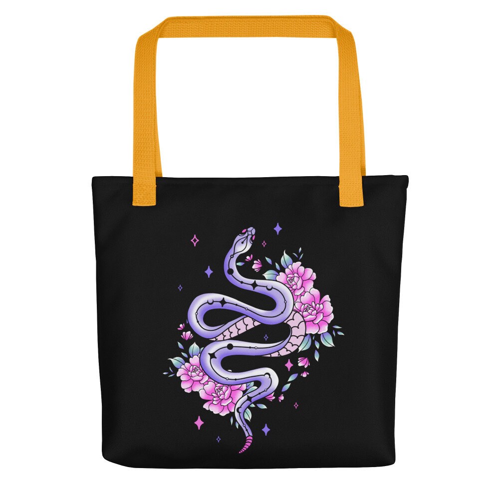 Pastel Goth Snake Tote Bag, Floral Snake Cottagecore Shopping Bag