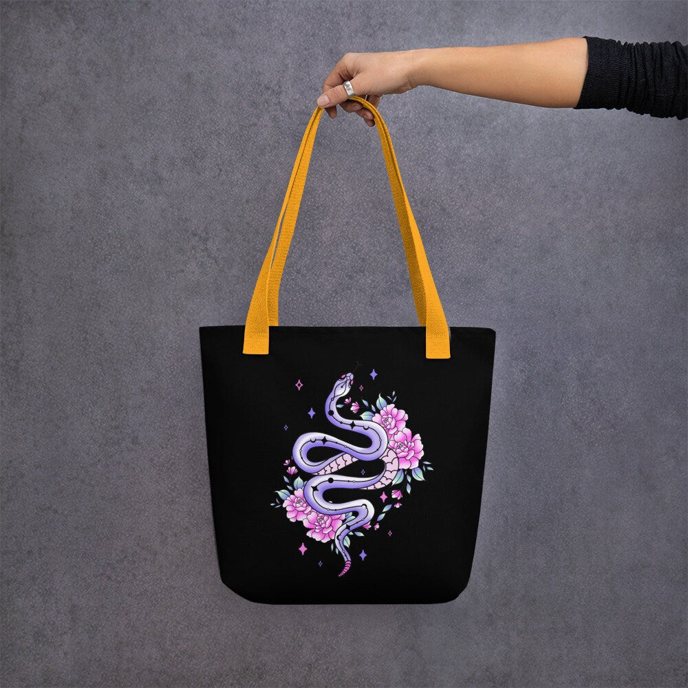 Pastel Goth Snake Tote Bag, Floral Snake Cottagecore Shopping Bag