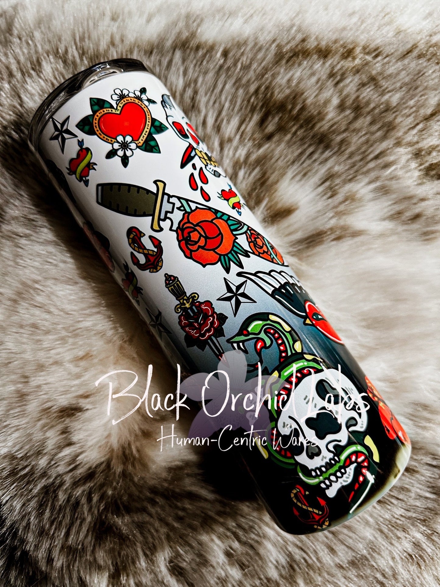 Classic tattoo glass Tumbler, goth travel mug, dark academia, Tattoo, witchy gift, gift for her, minimalist