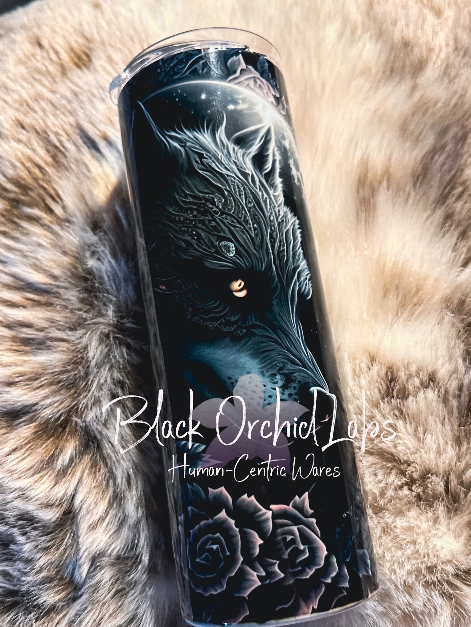 Dark Academia Wolf Tumbler, Black Wolf travel mug, nature, forest animal, wolves, gift for her, gift for him, minimalist, witchy