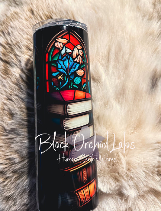 Stained Glass Book Tumbler, Cottagecore Book Travel Mug, Goth Gift, dark academia, gift for her, minimalist, Bookish Gift