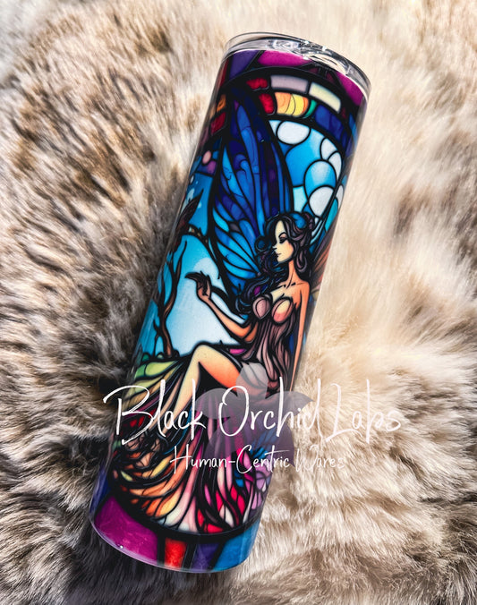 Fairy stained glass cottagecore Tumbler, dark academia fantasy travel mug, forest fae, minimalist, gift for her