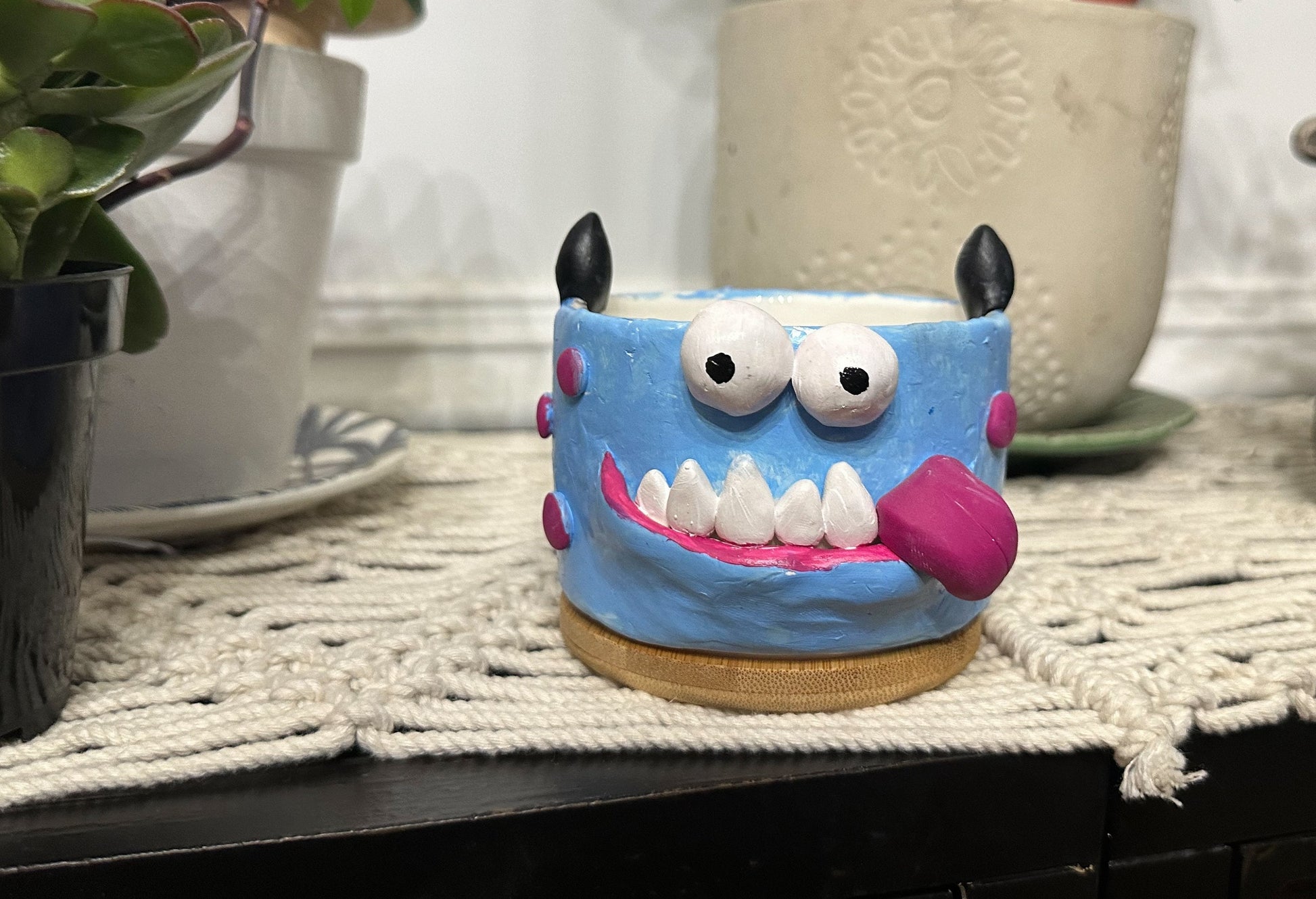 Original Art Clay Flower Pot, Clay sculpture, unique planter, succulent pot, gothic, cute monsters, clay and ceramic planter, home gift