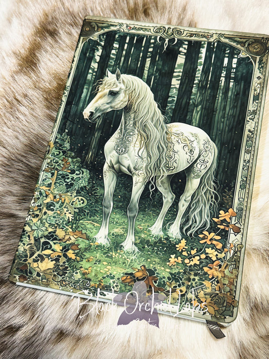 White Horse Fairytale, cottagecore Vegan Leather Journal, 8”x6”, Dark Academia journal, goth, witchy, gift for her, woodland mushroom