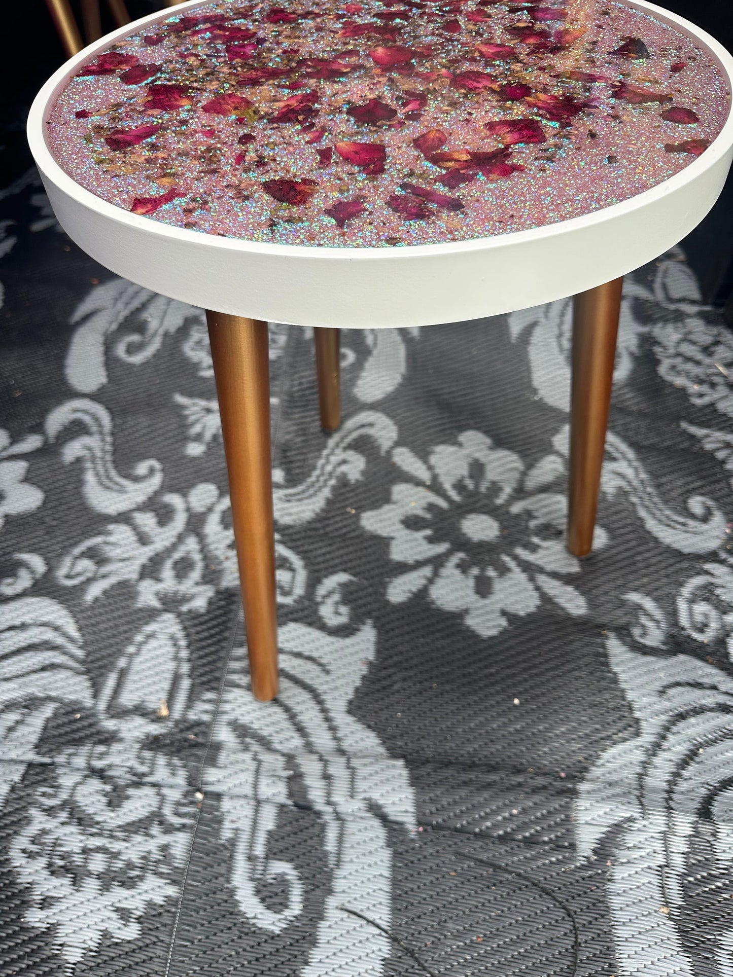 Original Art Pink Roses End Table, Resin Art side table, 3D art nightstand, small floral table