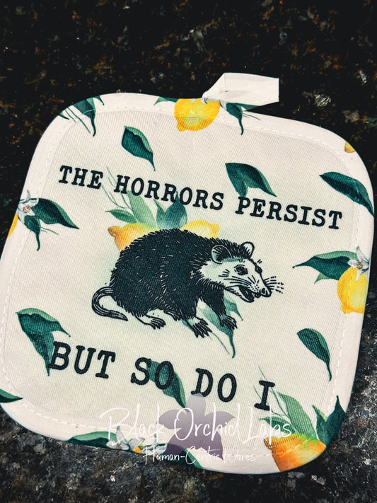Horrors Persist Oven Mitt, Household Decor, Housewares, Birthday Gift, Kitchen, Punk, Rocker, dark humor, Sarcasm, Personalizable, Opossum