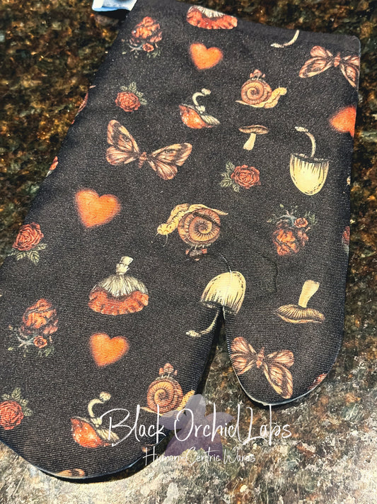 Cottagecore Oven Mitt, Household Decor, Housewares, Birthday Gift, Kitchen, Punk, Rocker, Goth, Black, Personalizable, Skull, moth, mushroom