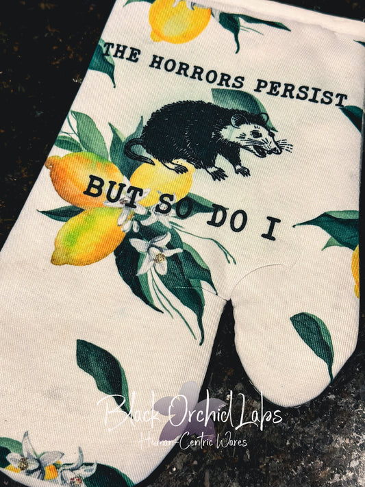Horrors Persist Oven Mitt, Household Decor, Housewares, Birthday Gift, Kitchen, Punk, Rocker, dark humor, Sarcasm, Personalizable, Opossum