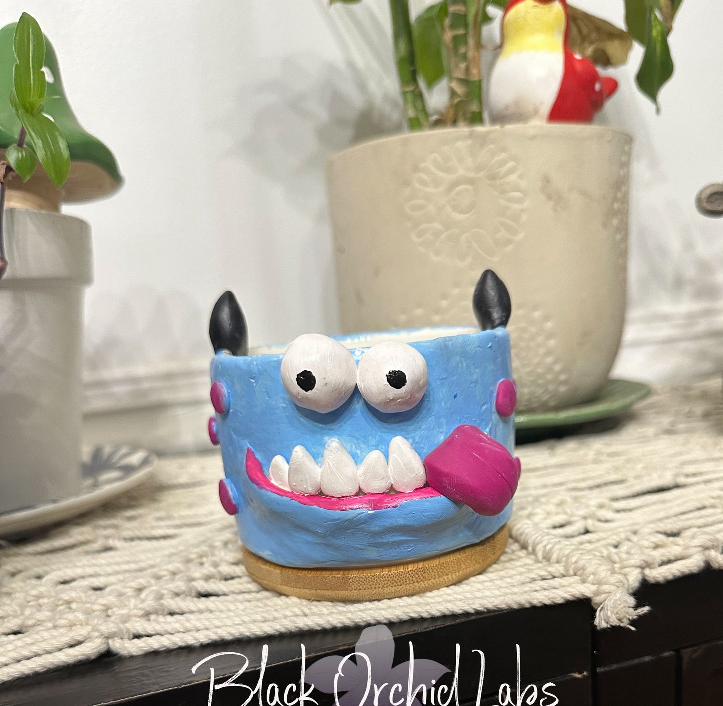 Original Art Clay Flower Pot, Clay sculpture, unique planter, succulent pot, gothic, cute monsters, clay and ceramic planter, home gift