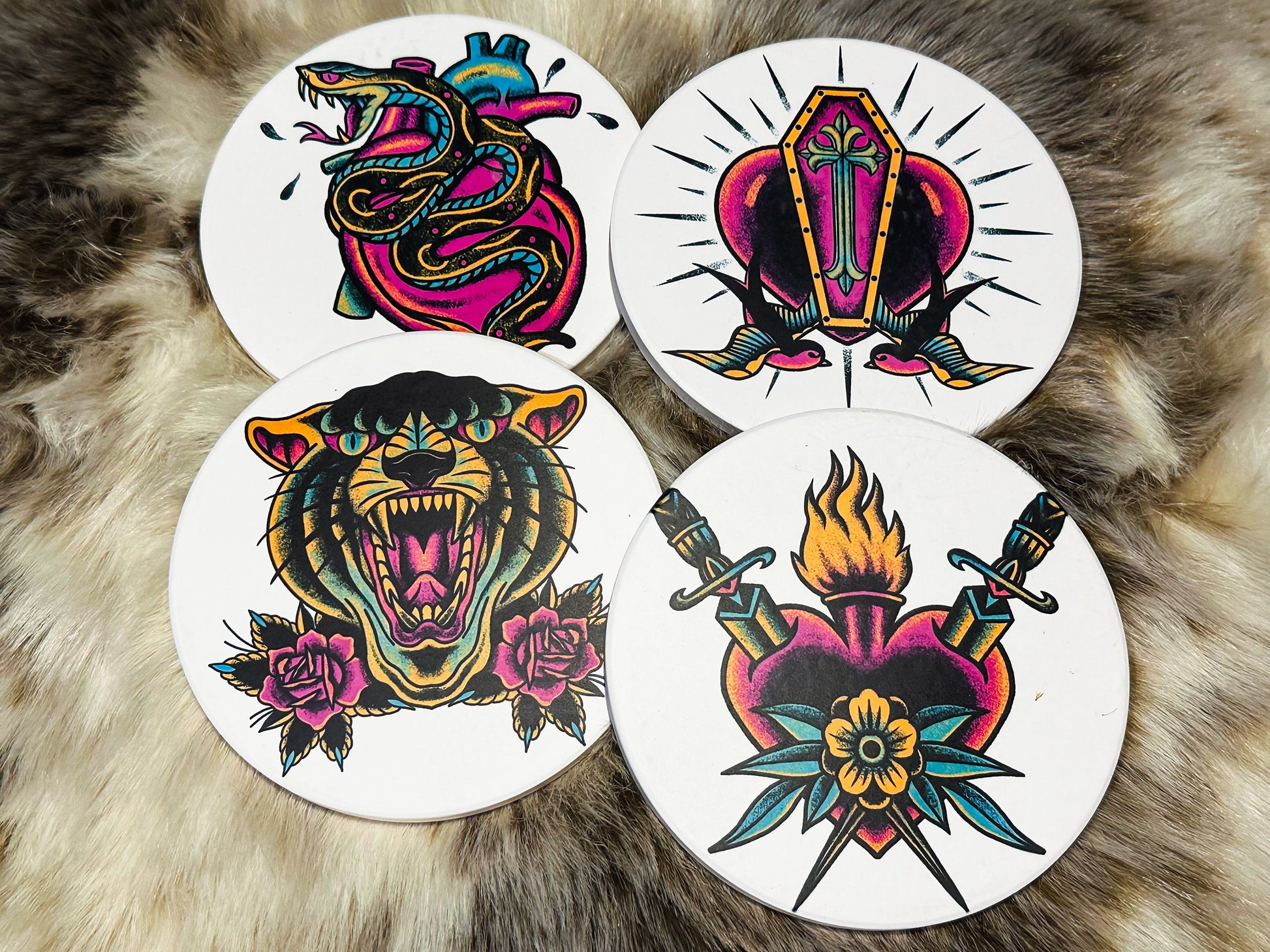 Traditional Tattoo Set of 4 Sandstone Coasters, Tattoo art Coasters, Housewarming Gift, Furniture and Decor, tattoo decor