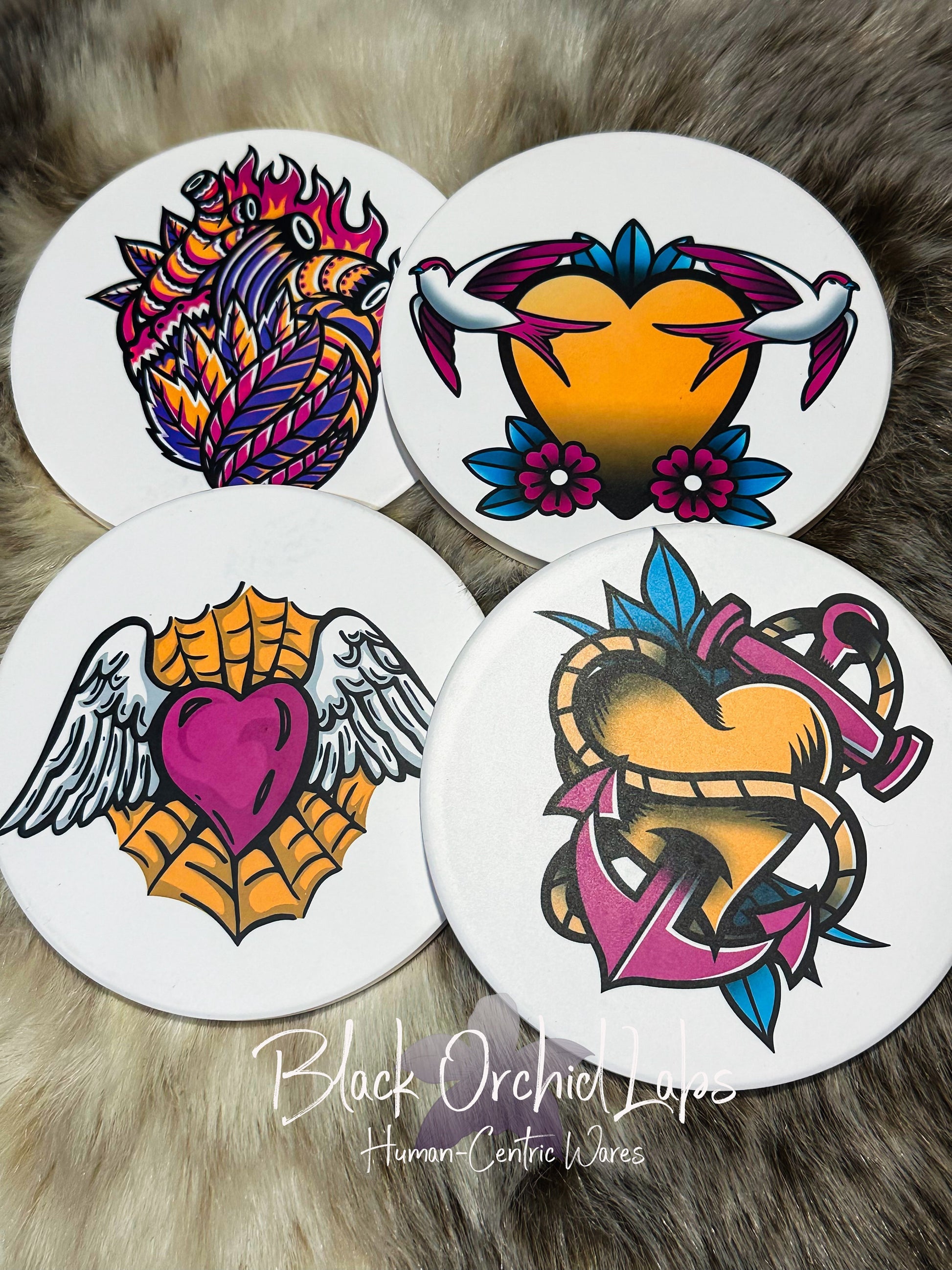 Traditional Tattoo Set of 4 Sandstone Coasters, Tattoo art Coasters, Housewarming Gift, Furniture and Decor, tattoo decor