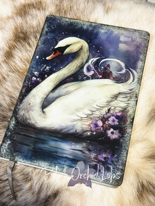 Swan Fantasy, cottagecore Vegan Leather Journal, 8”x6”, Dark Academia journal, goth, witchy, gift for her