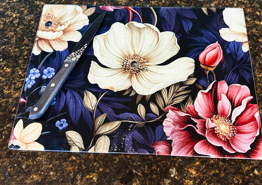 Dark Magnolia Floral Glass Cutting board, Kitchenware, Gift for home, birthday gift, goth, personalizable wedding gift, housewarming