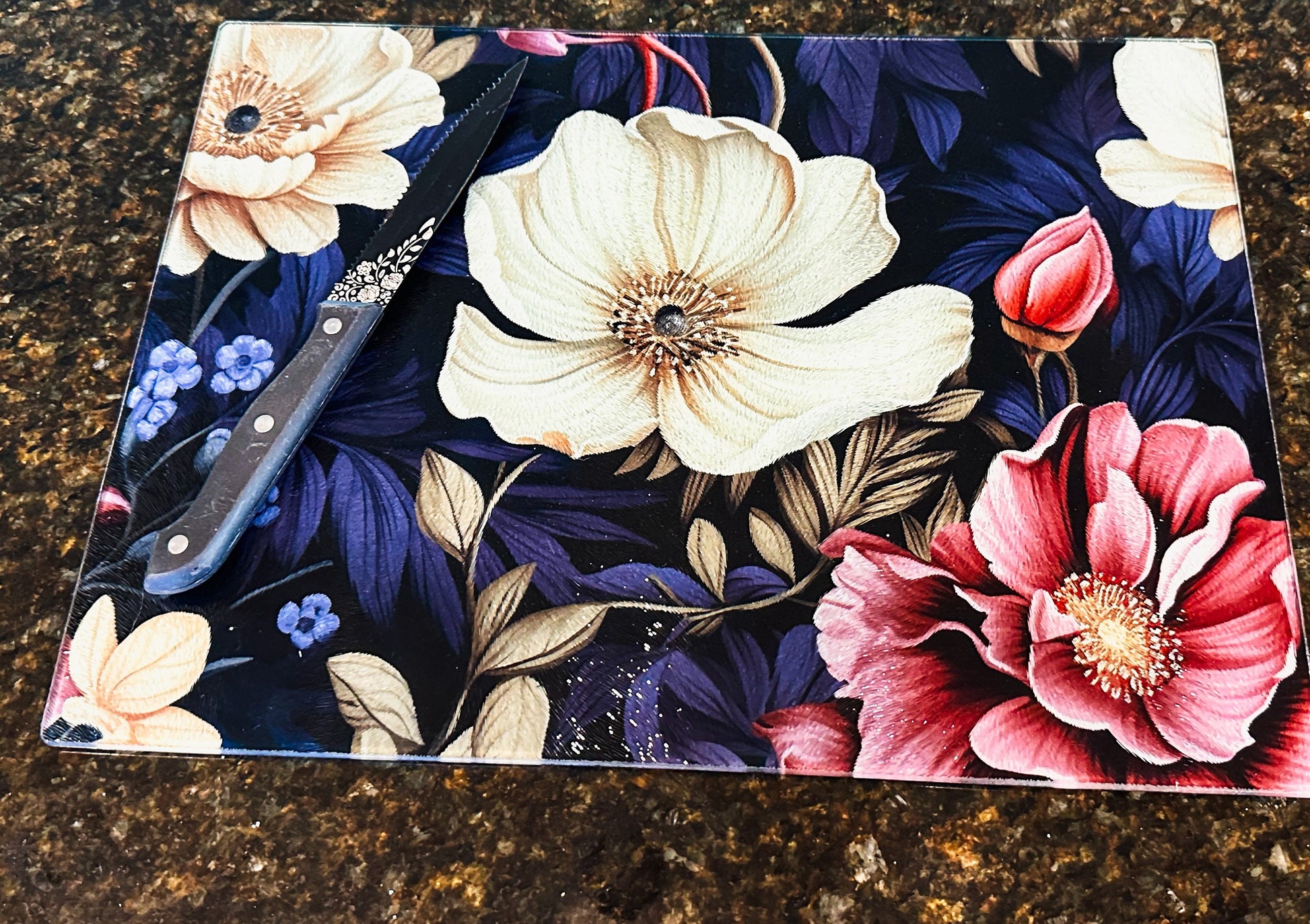 Dark Magnolia Floral Glass Cutting board, Kitchenware, Gift for home, birthday gift, goth, personalizable wedding gift, housewarming