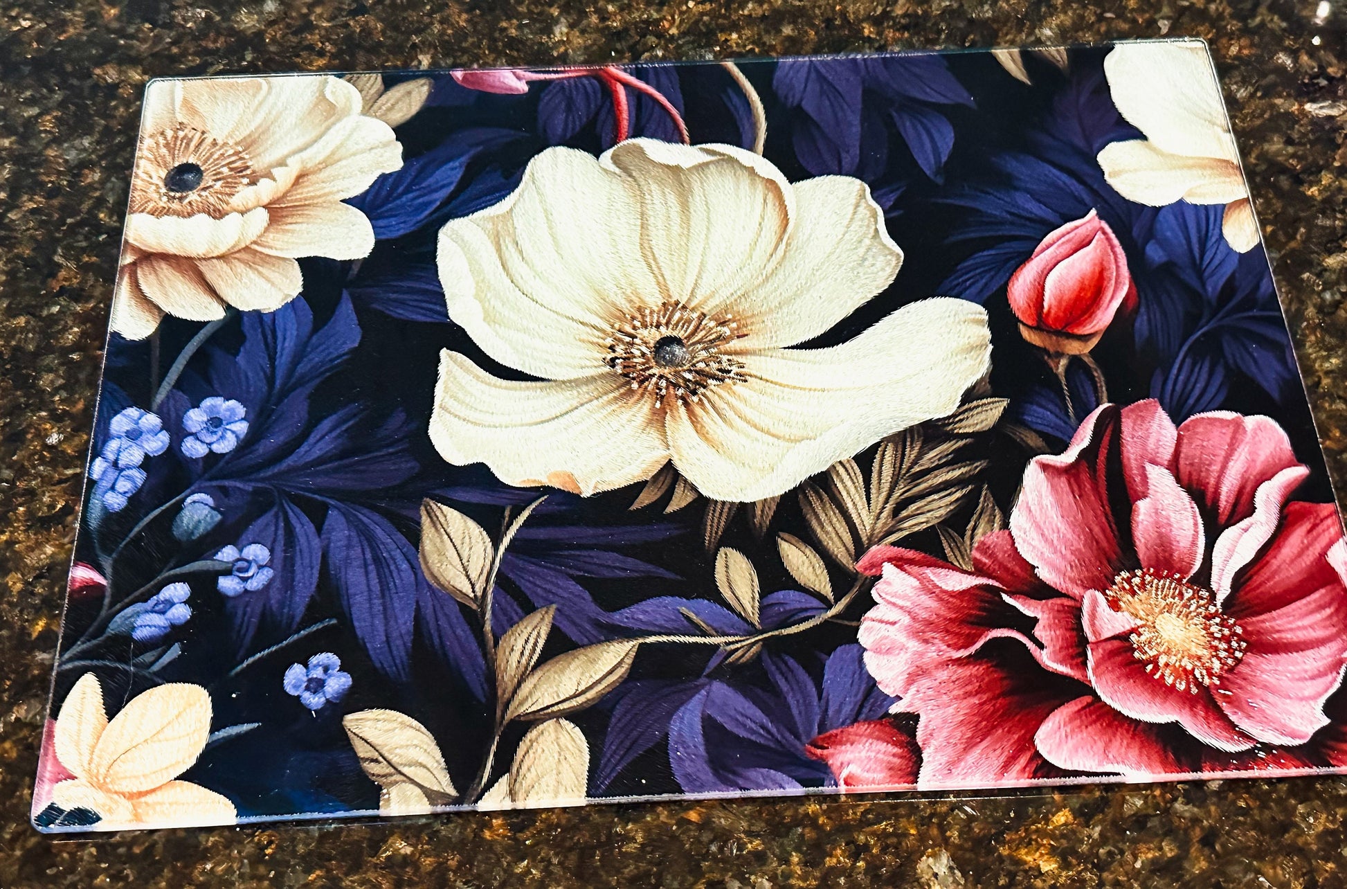 Dark Magnolia Floral Glass Cutting board, Kitchenware, Gift for home, birthday gift, goth, personalizable wedding gift, housewarming