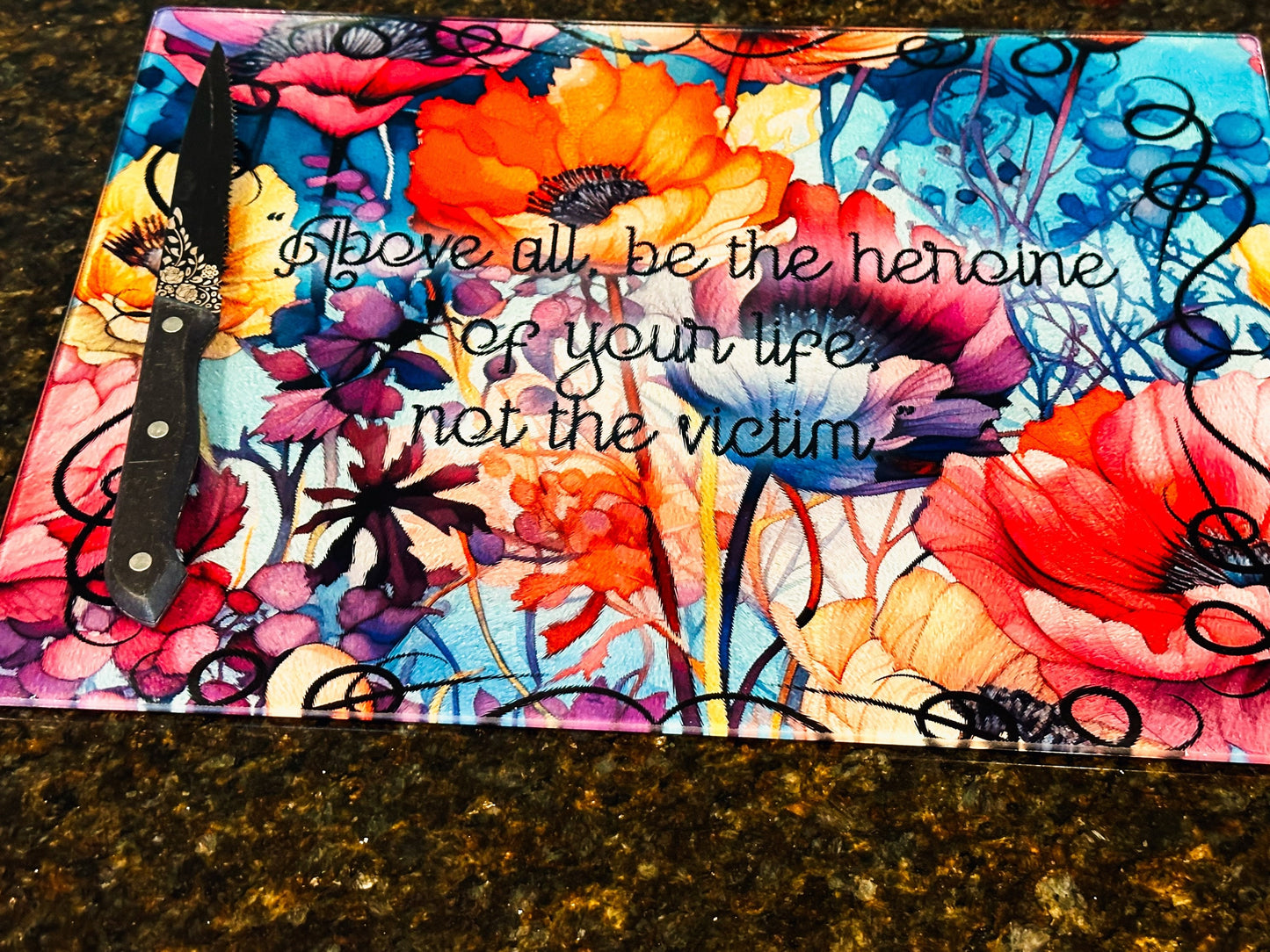 Inspirational Floral Glass Cutting board, Kitchenware, Gift for home, birthday gift, goth, personalizable wedding gift, housewarming