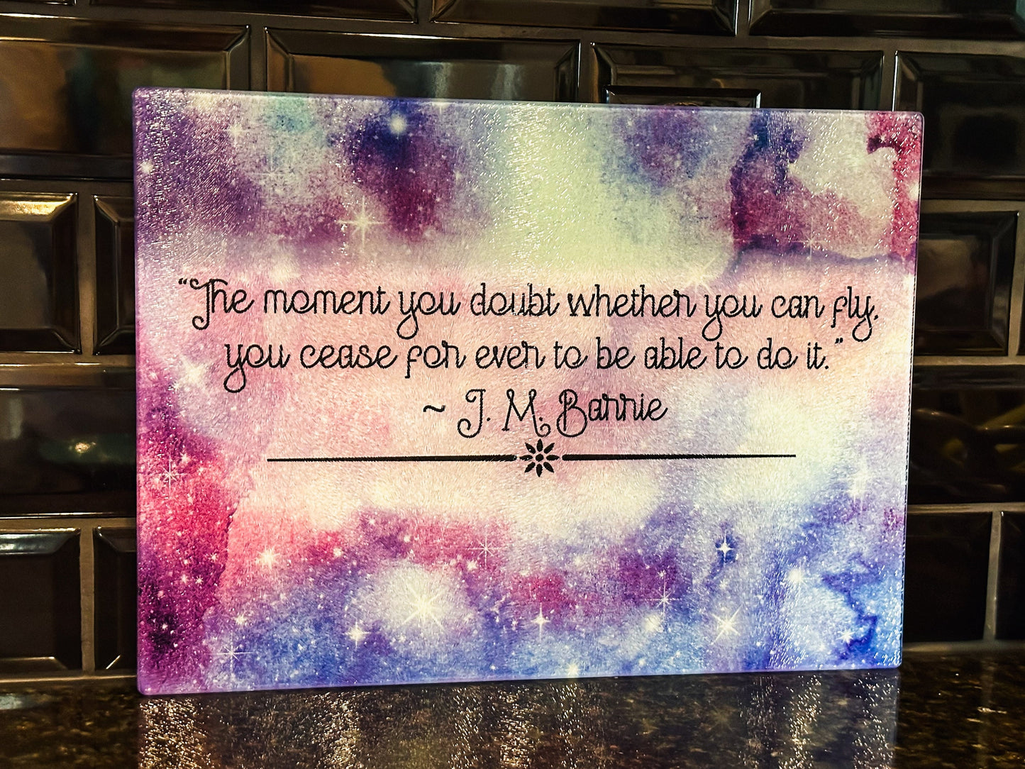 Peter Pan Quote Glass Cutting board, Kitchenware, Gift for home, birthday gift, goth, personalizable wedding gift, housewarming, bookish