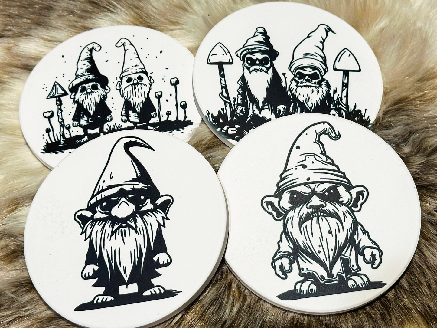 Gothic Gnome Set of 4 Coasters, Dark Academia Coasters, Furniture and decor, Housewarming Gift, Halloween Decor, Horror decor, creepy gnome