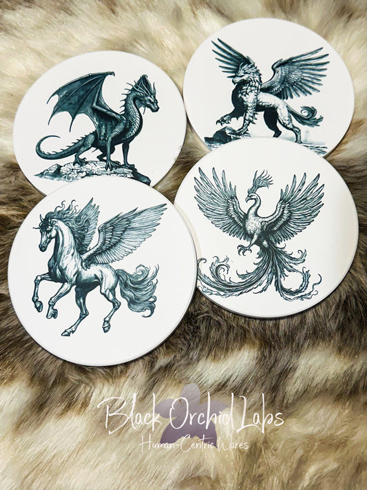 High Fantasy Set of 4 Coasters, Dark Academia Coasters, Furniture and decor, Housewarming Gift, fantasy beasts, dragon, griffon, pheonix